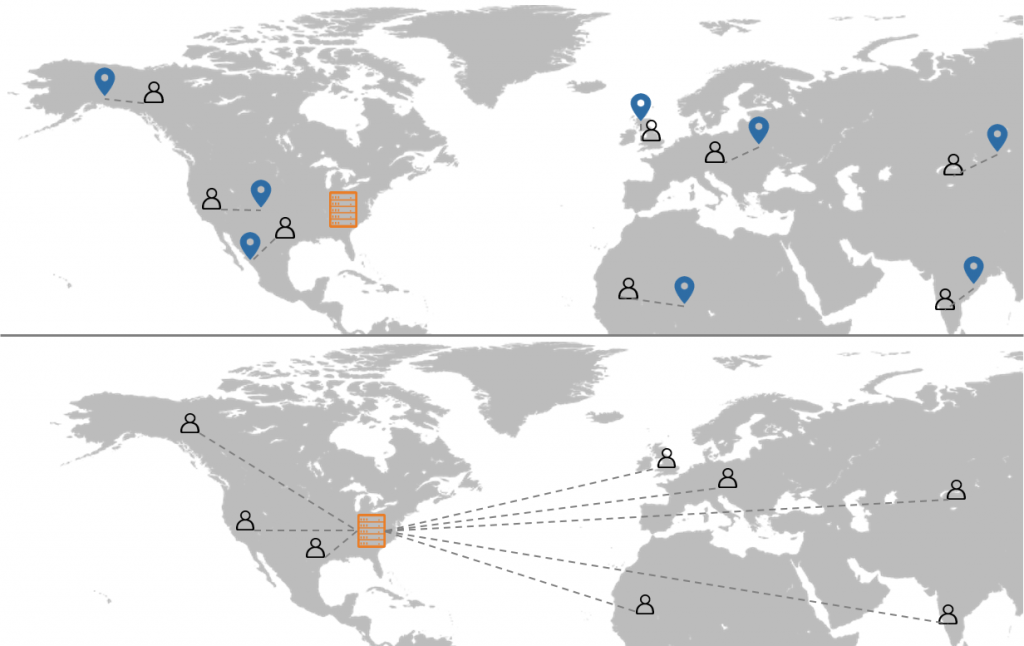 mappe del mondo grigie con icone del server, dell'utente e della mappa