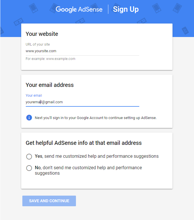 Imagem que descreve a tela de inscrição do AdSense como a primeira etapa para a integração do WordPress com o AdSense