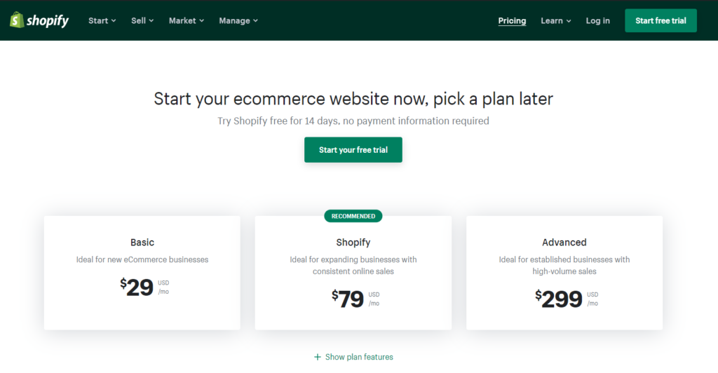 Shopify 定價。