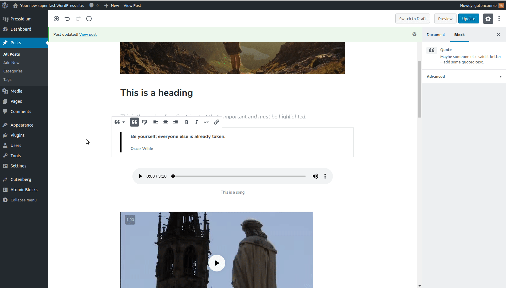 Varsayılan Gutenberg blokları: Kısa alıntı
