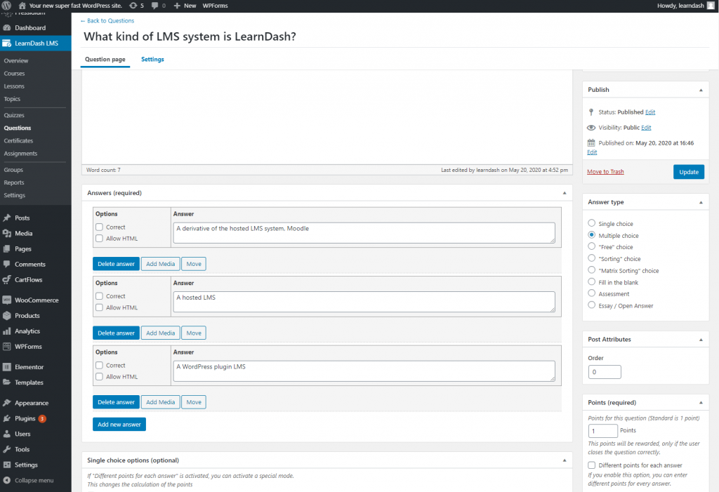 Questions à choix multiples dans LearnDash