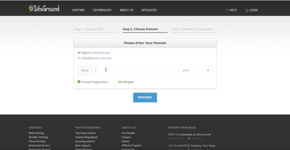 Configure o domínio depois de se inscrever no Siteground