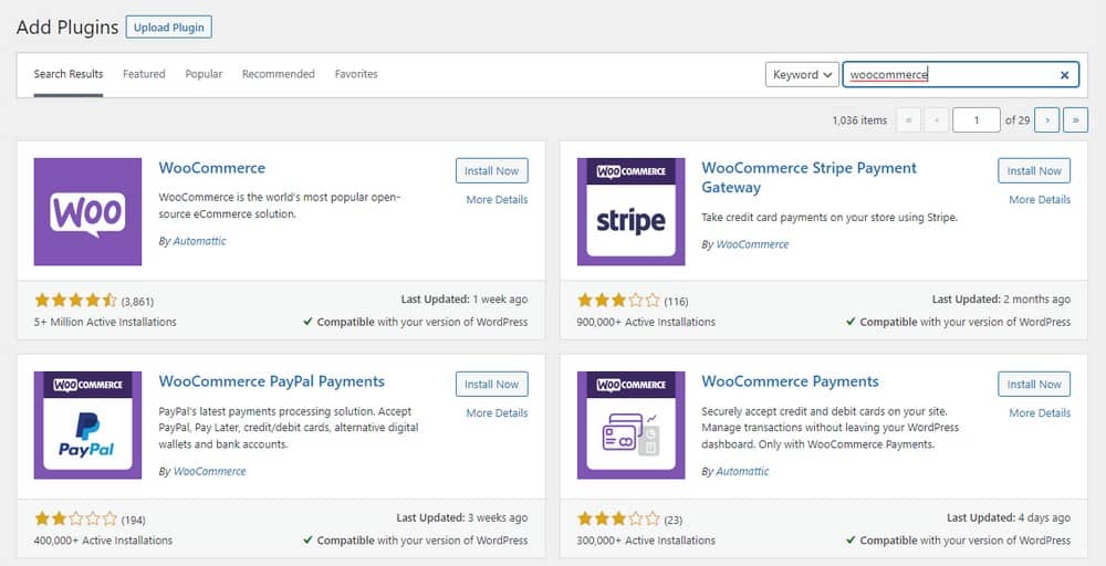 Instalación del complemento de WooCommerce