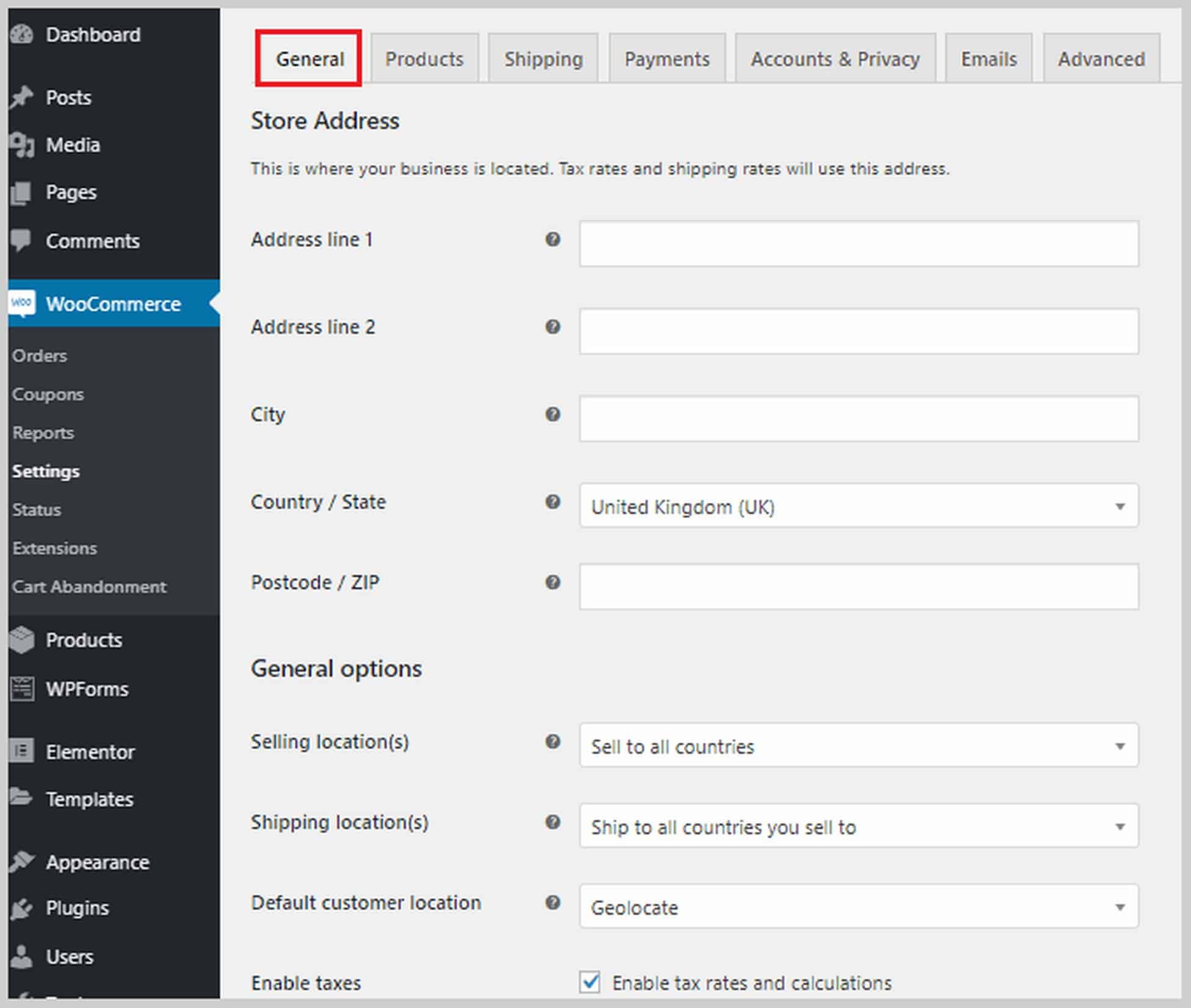 configuración general de woocommerce
