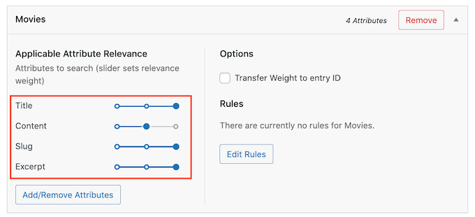 SearchWP의 속성 가중치 설정 SearchWP's attribute weight settings