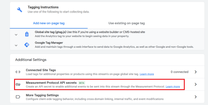 เลือกตัวเลือกความลับ API ของโปรโตคอลการวัด Select measurement protocol API secrets option