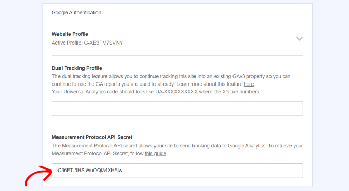 ป้อนความลับของโปรโตคอลการวัด API ใน MonsterInsights Enter measurement protocol API secret in MonsterInsights