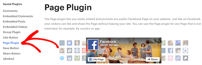 Facebook 페이지 플러그인 메뉴 옵션 선택 Select Facebook page plugin menu option