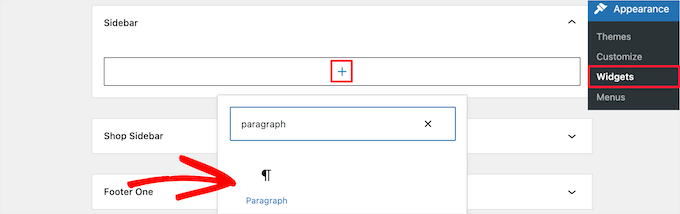 새 단락 위젯 블록 추가 Add new paragraph widget block