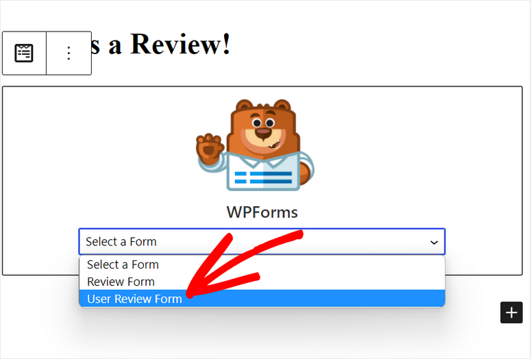 블록 편집기에서 검토 양식 선택 - IsItWP - 무료 WordPress 테마 감지기 select review form in block editor