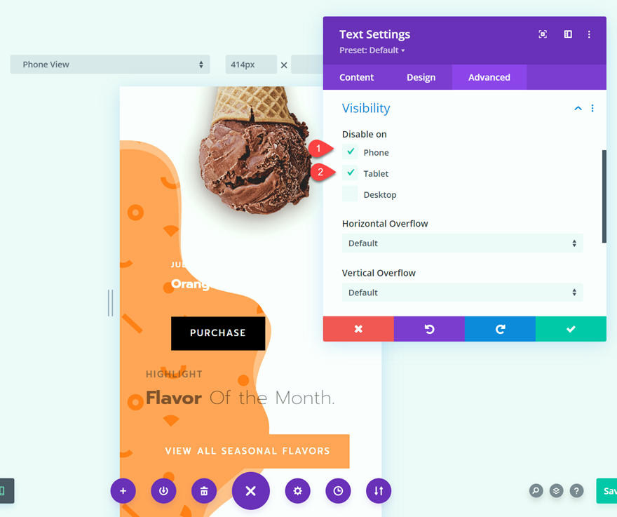 Configurações de visibilidade responsivas da máscara de fundo do Divi CTA