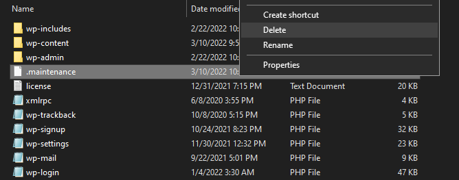 .maintenance 파일 삭제 deleting the .maintenance file
