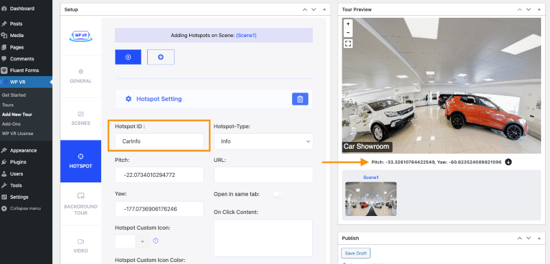 Informazioni all'interno del tour virtuale dell'autosalone