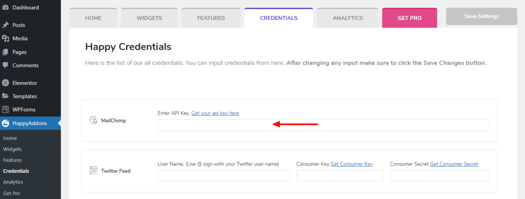 أداة نموذج MailChimp السعيدة من Addons: طريقة سهلة لإضافة نموذج اشتراك إلى موقع الويب الخاص بك مجانًا! 2 Happy Addons Credentials Area