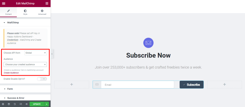 أداة نموذج MailChimp السعيدة من Addons: طريقة سهلة لإضافة نموذج اشتراك إلى موقع الويب الخاص بك مجانًا! 4 Set API and Audience