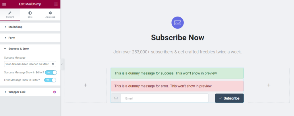 أداة نموذج MailChimp السعيدة من Addons: طريقة سهلة لإضافة نموذج اشتراك إلى موقع الويب الخاص بك مجانًا! 7 Enable Success and Error Message