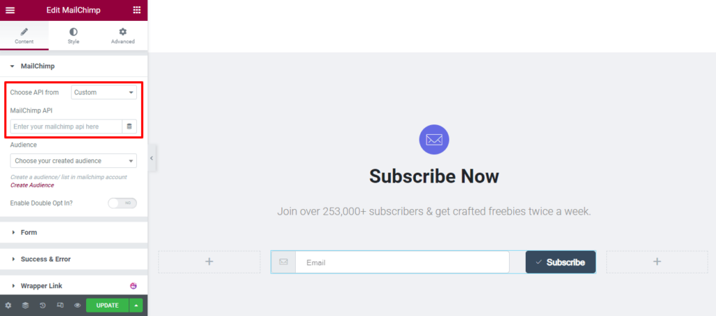 أداة نموذج MailChimp السعيدة من Addons: طريقة سهلة لإضافة نموذج اشتراك إلى موقع الويب الخاص بك مجانًا! 5 Select Custom API From