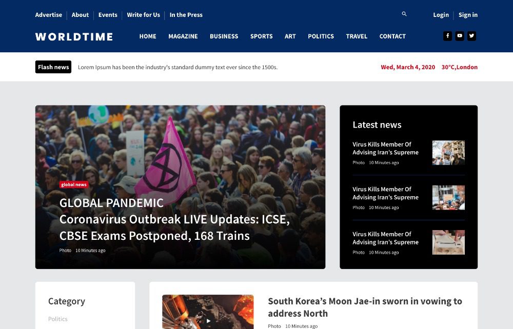 Modèle d'actualités Bootstrap gratuit Worldtime