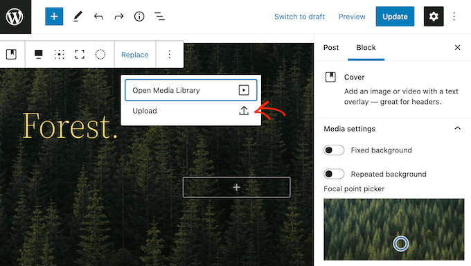 Mengunggah gambar ke blok Sampul WordPress Uploading an image to the WordPress Cover block