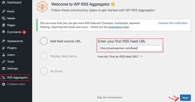 フィードURLをWPRSSアグリゲーターの設定に入力します Enter the Feed URL into WP RSS Aggregator's Settings