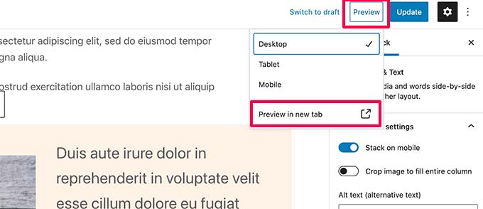 Opsi pratinjau untuk pos dan halaman Preview options for post and pages