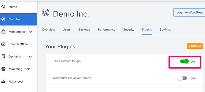 Aktifkan plugin Bluehost Turn on Bluehost plugin