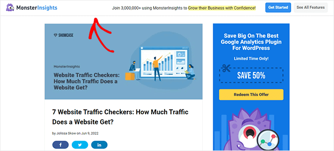 MonsterInsightsのフローティングヘッダーバーの例 Floating header bar example from MonsterInsights