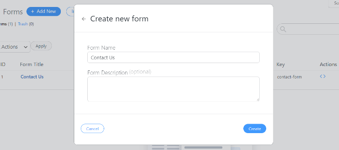 輸入表單名稱和描述 Enter form name and description
