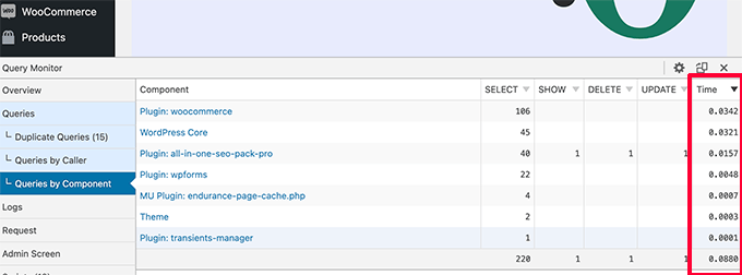 Risultati di Query Monitor Query Monitor results