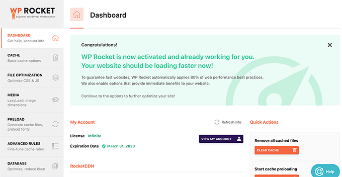 Cruscotto WP Rocket WP Rocket dashboard