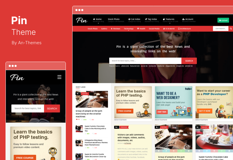 Pin Tema - Estilo Pinterest. Blog pessoal de alvenaria e tema WordPress de envio de front-end