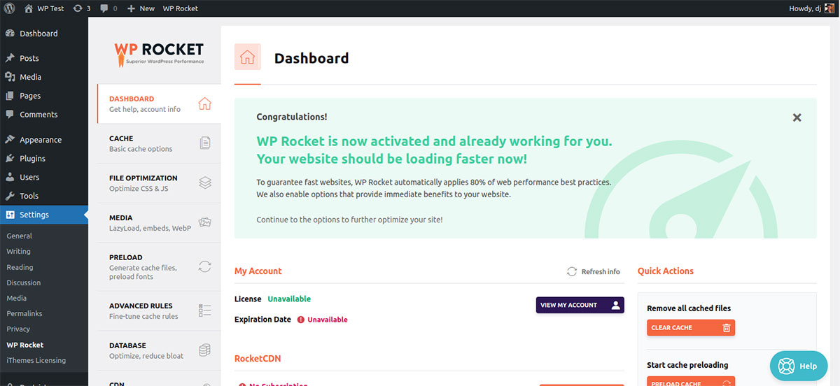 captura de pantalla del tablero de WP Rocket