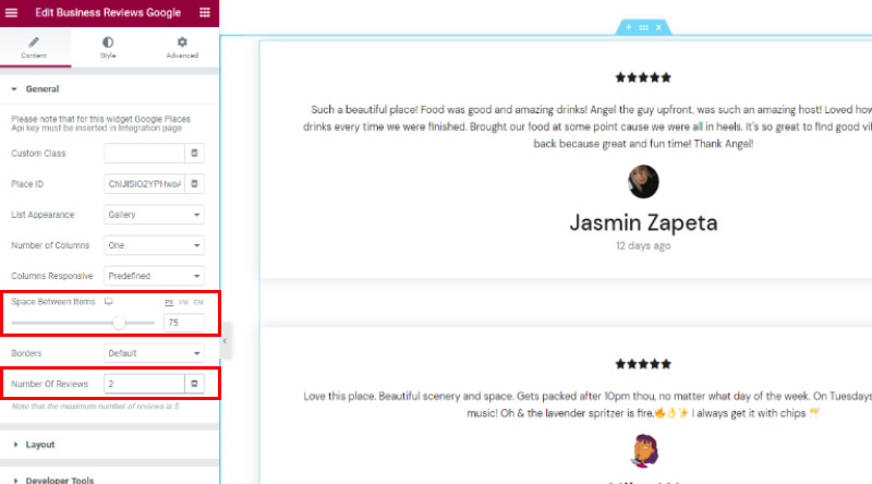 Cómo agregar fácilmente un widget de reseñas de Google en WordPress 7 Borders between items and number of reviews