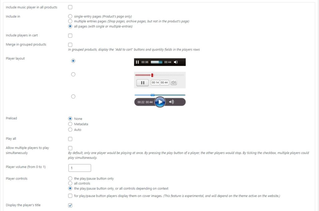 皮膚選項將音頻播放器添加到 woocommerce