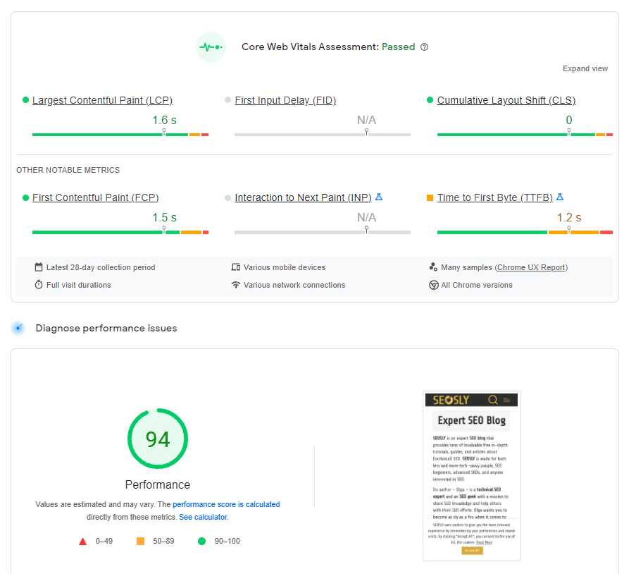 تقرير Google PageSpeed Insights - المصدر