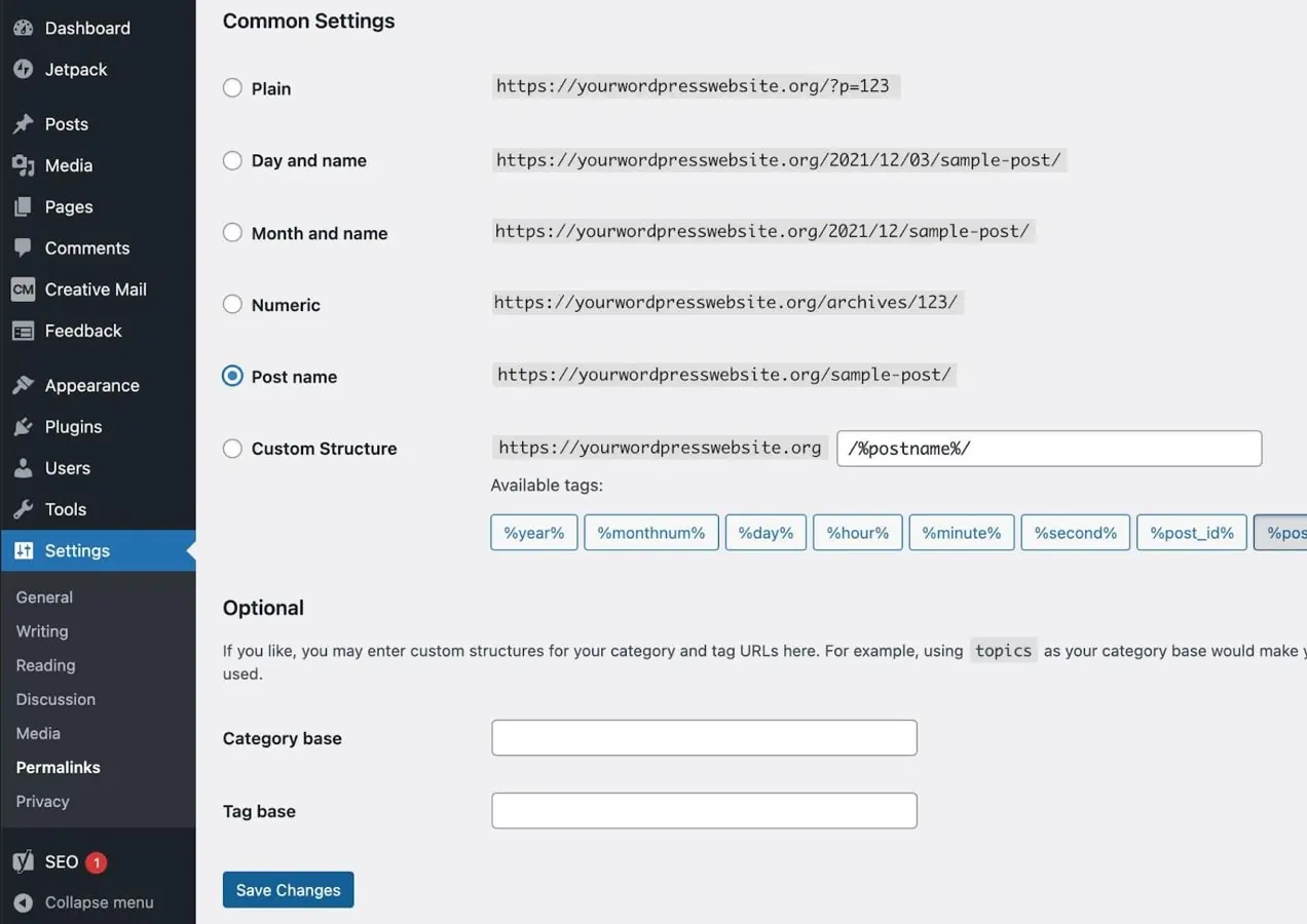 редактирование постоянных ссылок WordPress