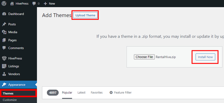 Installazione del tema RentalHive.
