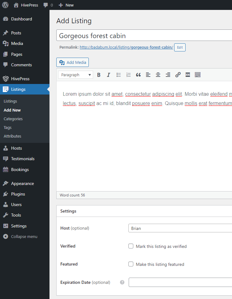 Aggiunta di nuove inserzioni tramite il back-end.