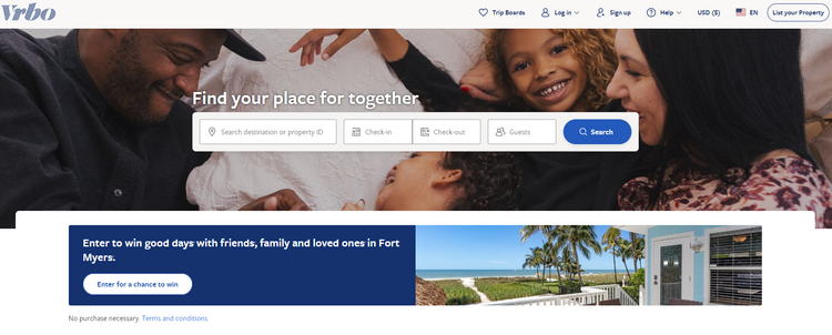 La homepage di Vrbo, il sito di affitti vacanze più popolare.