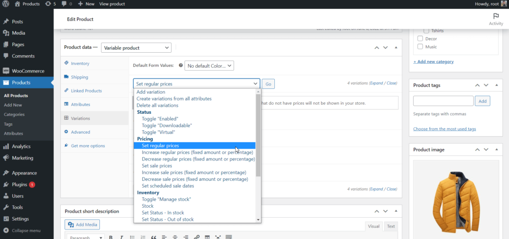 Comment créer des variantes de produits WooCommerce 6 Set Regular Prices