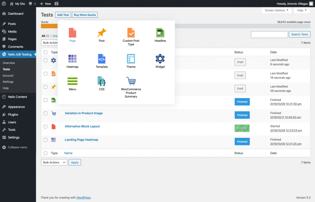 Liste des tests dans Nelio A/B Testing