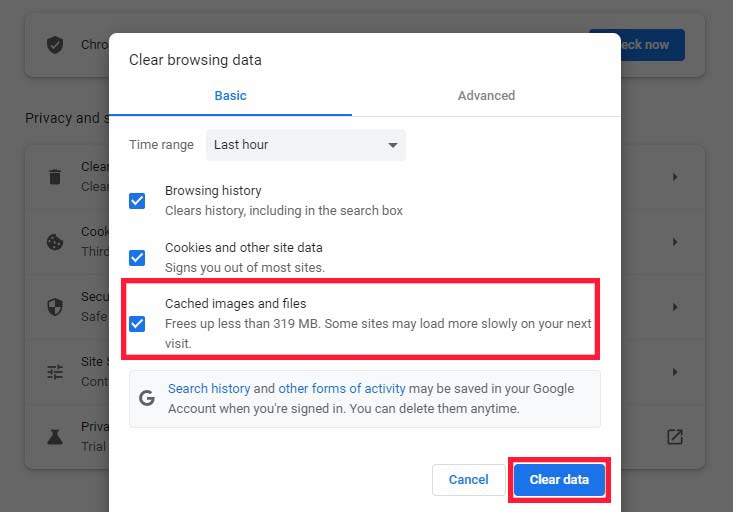 在 Google Chrome 中清除緩存的圖像和文件