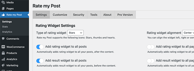 Impostazioni di valutazione del post Post rating settings