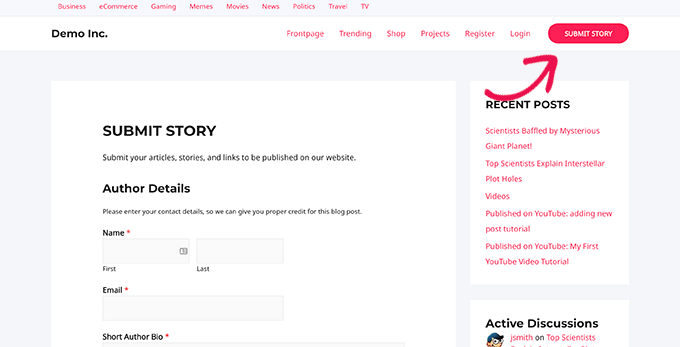 Invia la pagina della storia Submit story page
