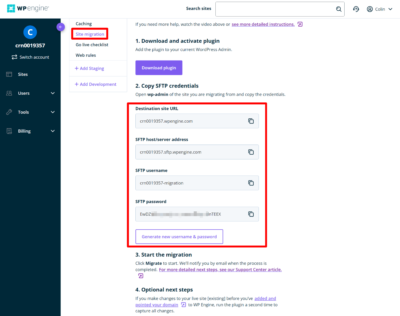 Scheda di migrazione del sito di WP Engine
