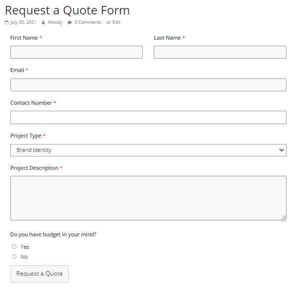 การสร้างแบบฟอร์มขอใบเสนอราคาใน WordPress