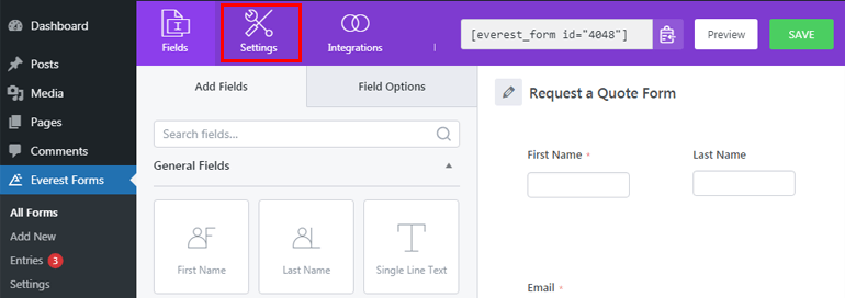 แท็บการตั้งค่า วิธีสร้างแบบฟอร์มขอใบเสนอราคาใน WordPress