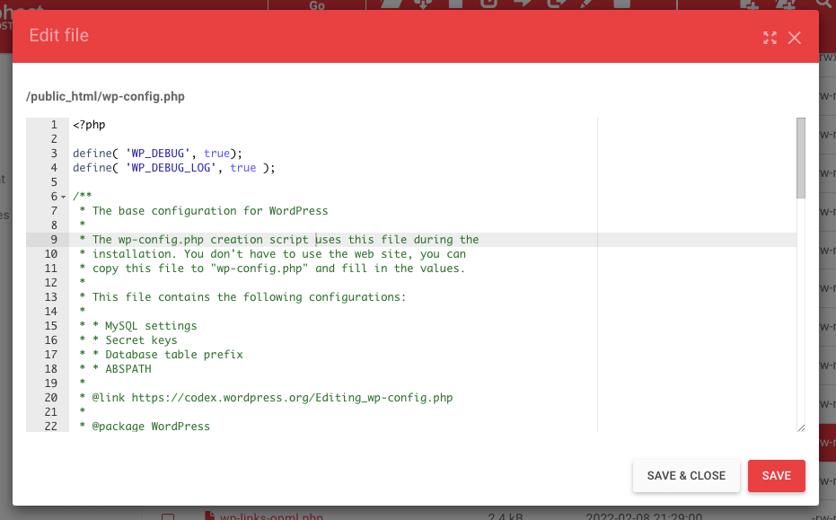 editarea fișierului wp-config.php