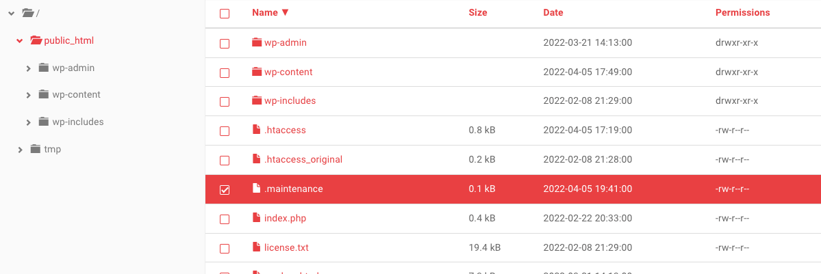găsirea fișierului .maintenance în cpanel