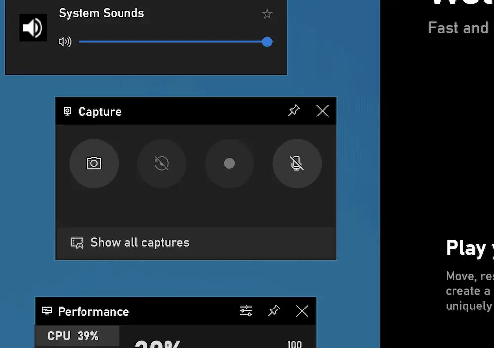 Widget Xbox Game Bar Capture: utilizzalo per registrare lo schermo su Windows.